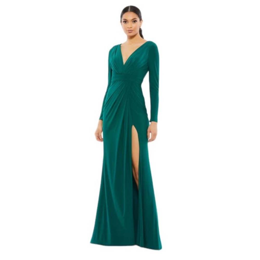 Mac Duggal V Neck Long Sleeve High Slit Gown Green Style 26554 Green Sz 12